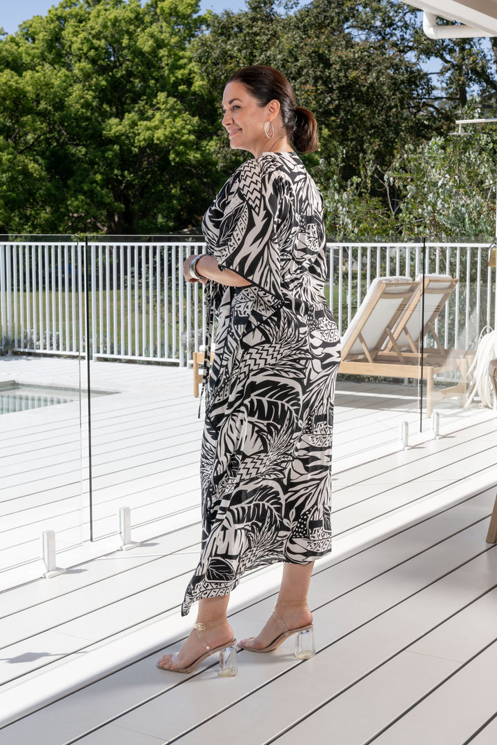 Quinn Kaftan Dress - Black Leaves