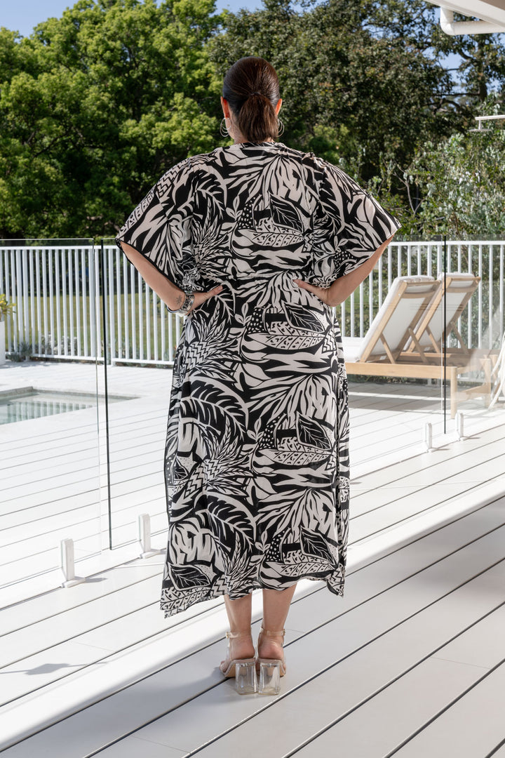Quinn Kaftan Dress - Black Leaves