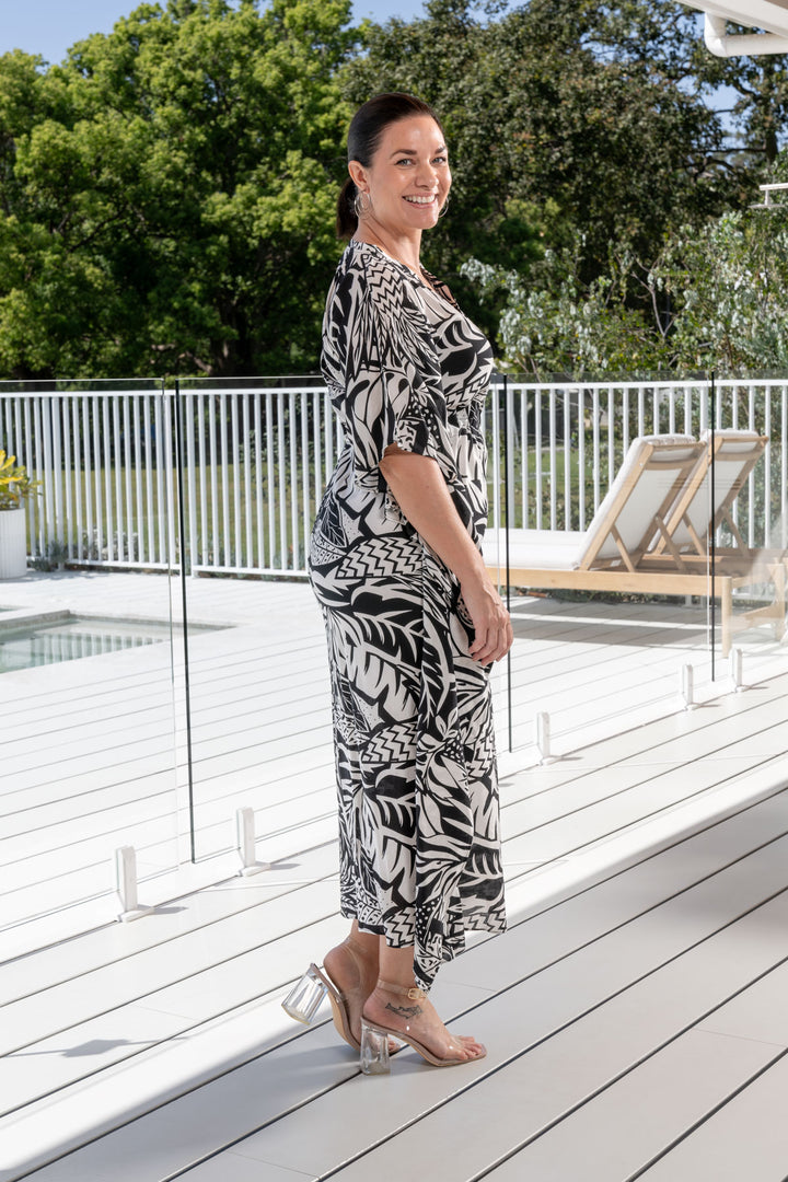 Quinn Kaftan Dress - Black Leaves