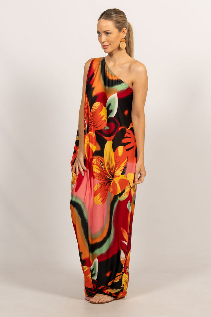 One Shoulder Long Maxi Dress - Orange Floral