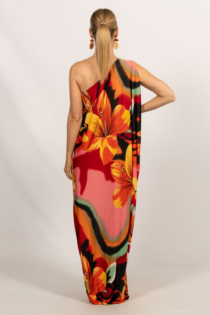 One Shoulder Long Maxi Dress - Orange Floral