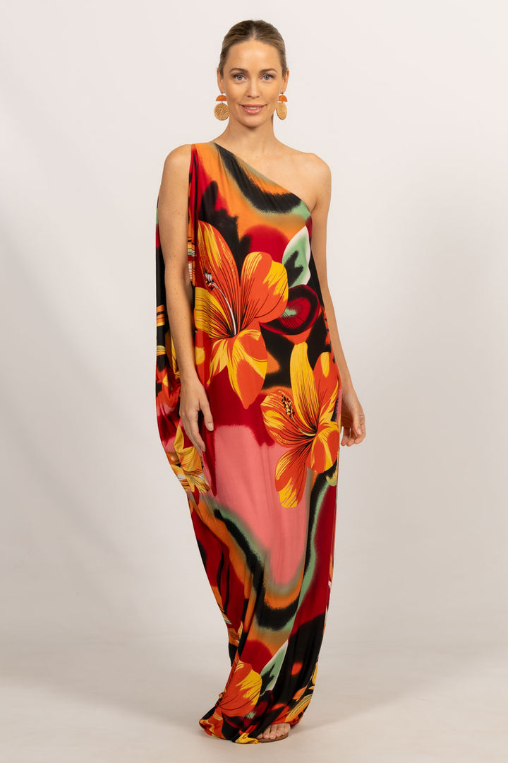 One Shoulder Long Maxi Dress - Orange Floral