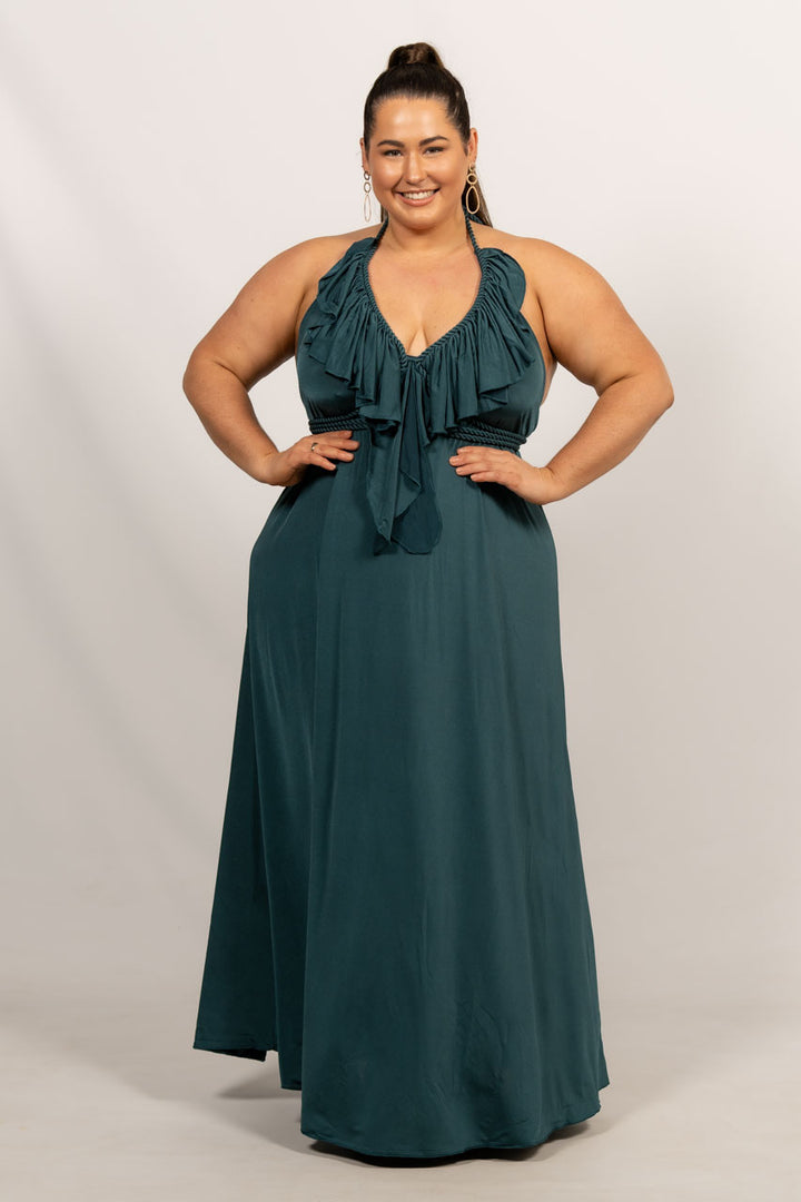 Low Back Ruffle Luxe Maxi Dress - Forest