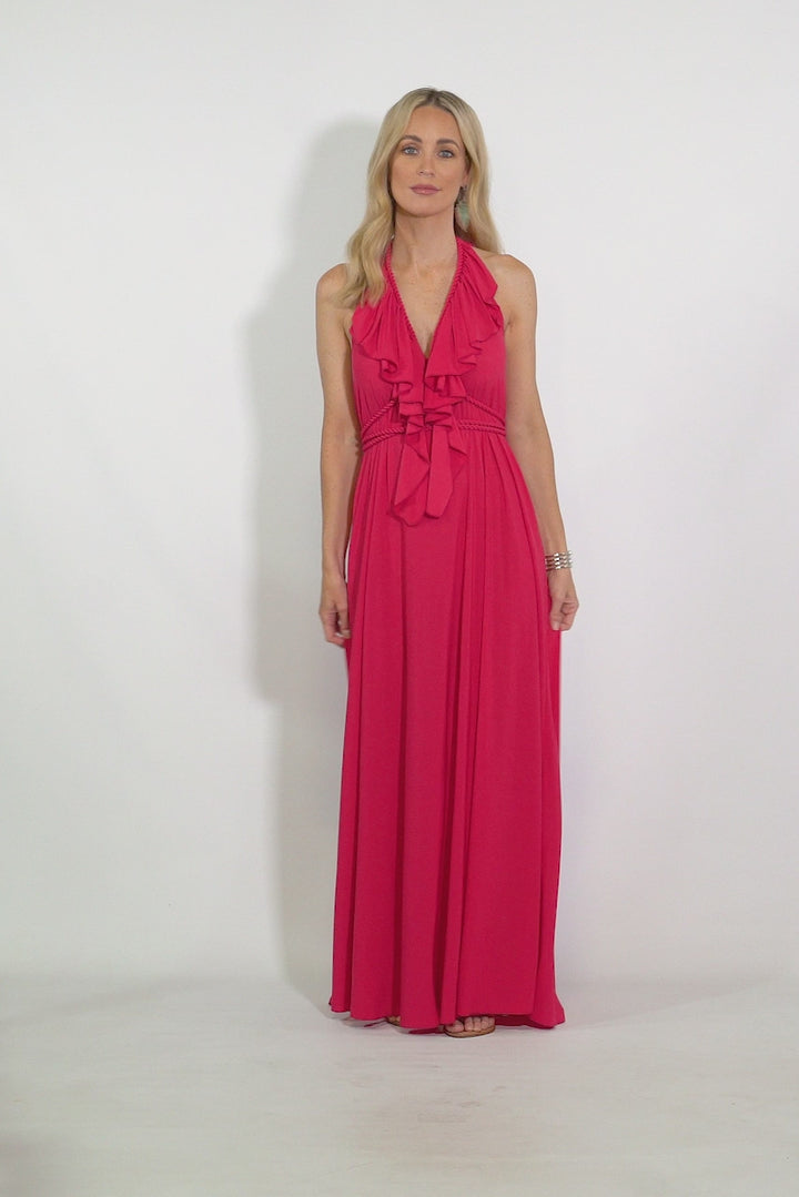 Low Back Ruffle Maxi Dress - Fuchsia