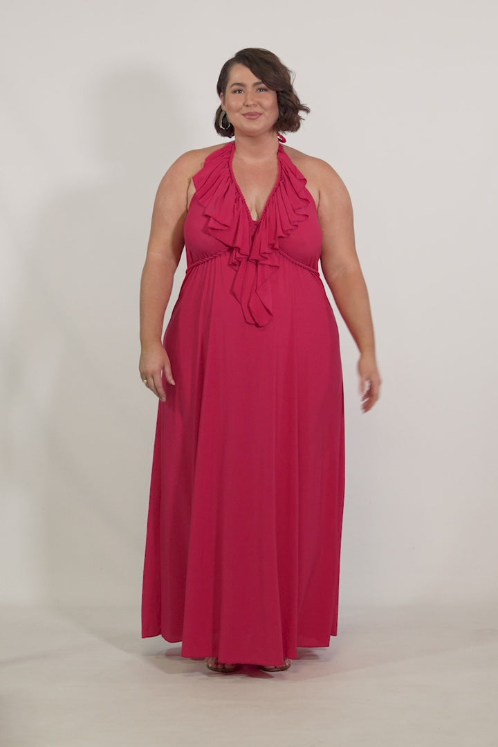 Low Back Ruffle Maxi Dress - Fuchsia