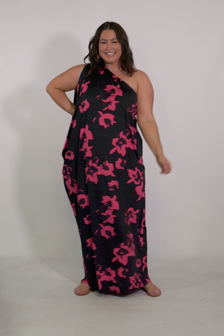 One Shoulder Long Maxi Dress - Hibiscus