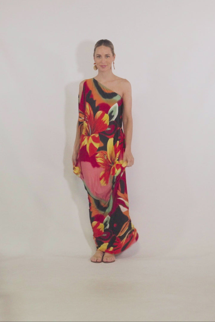 One Shoulder Long Maxi Dress - Orange Floral