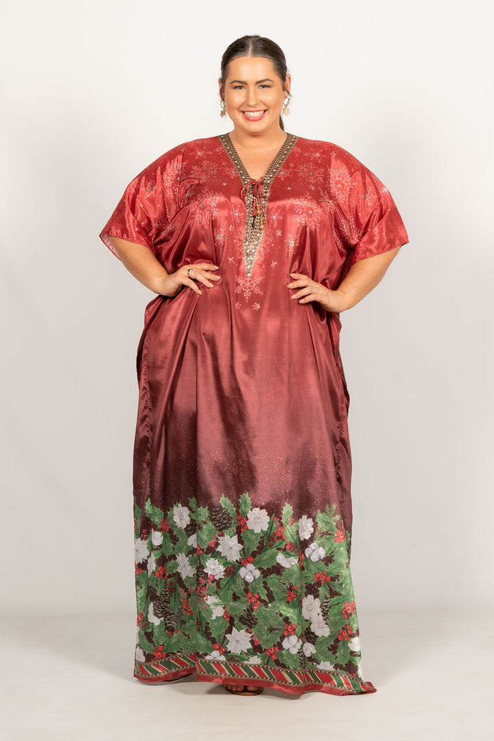 Holly Embellished Christmas Kaftan - Tie Front