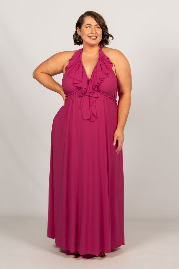 Low Back Ruffle Maxi Dress - Fuchsia