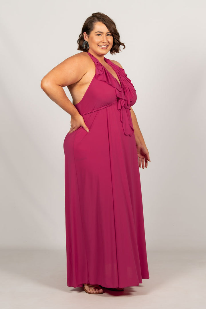 Low Back Ruffle Maxi Dress - Fuchsia