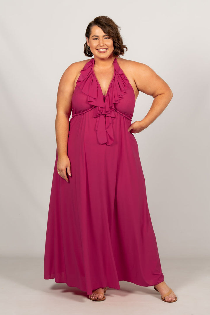 Low Back Ruffle Maxi Dress - Fuchsia