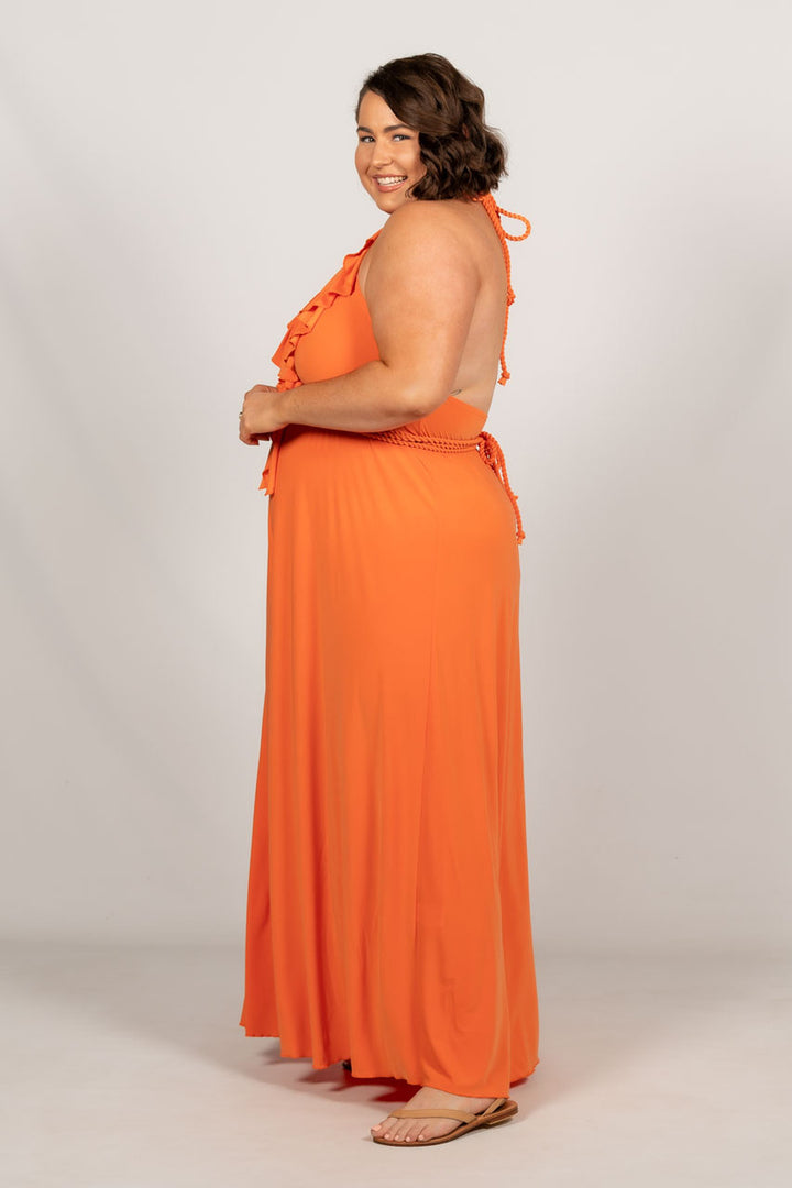 Low Back Ruffle Maxi Dress - Orange