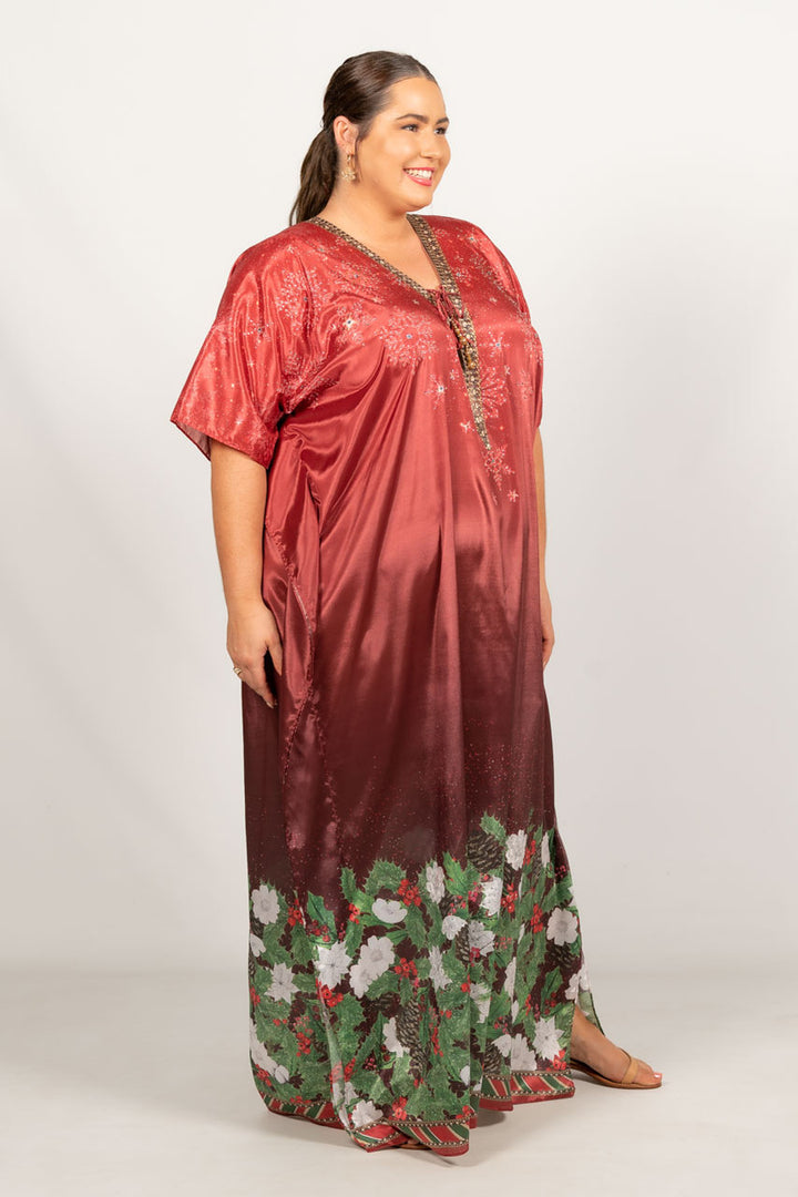 Holly Embellished Christmas Kaftan - Tie Front