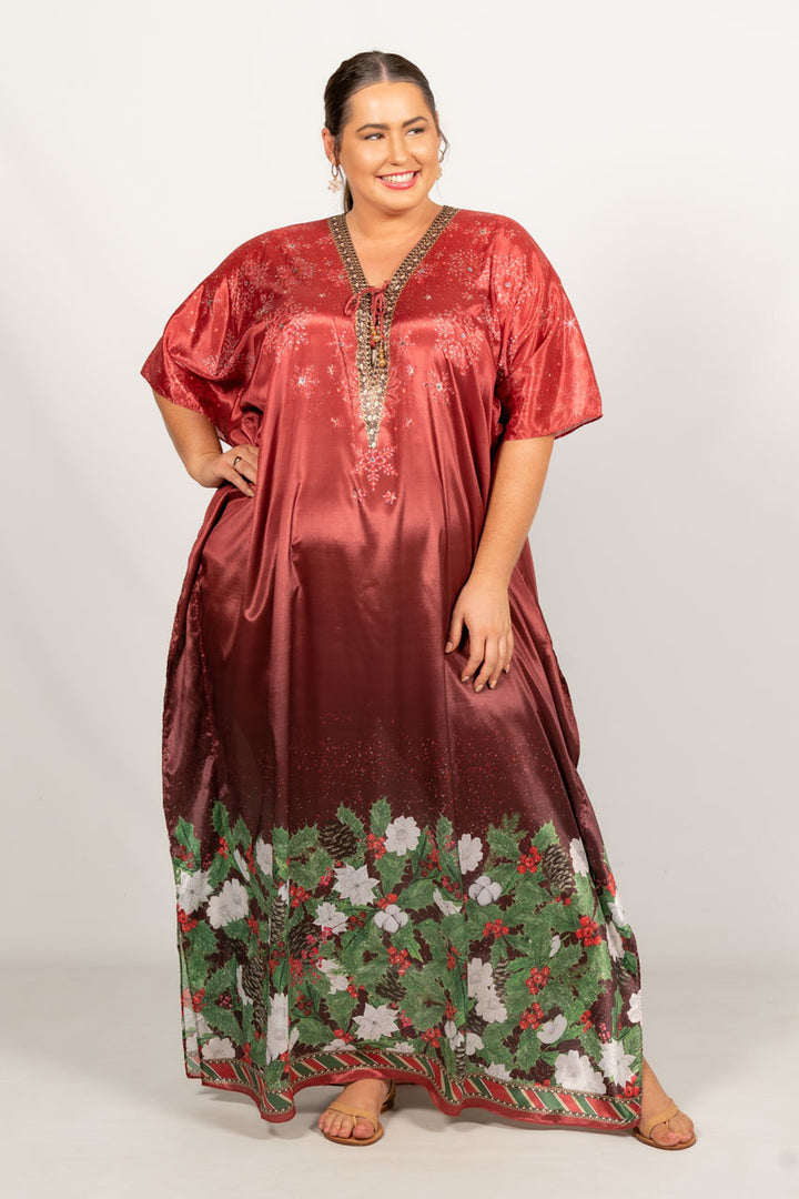 Holly Embellished Christmas Kaftan - Tie Front