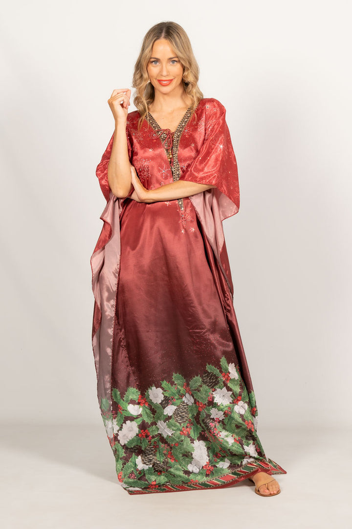 Holly Embellished Christmas Kaftan - Tie Front