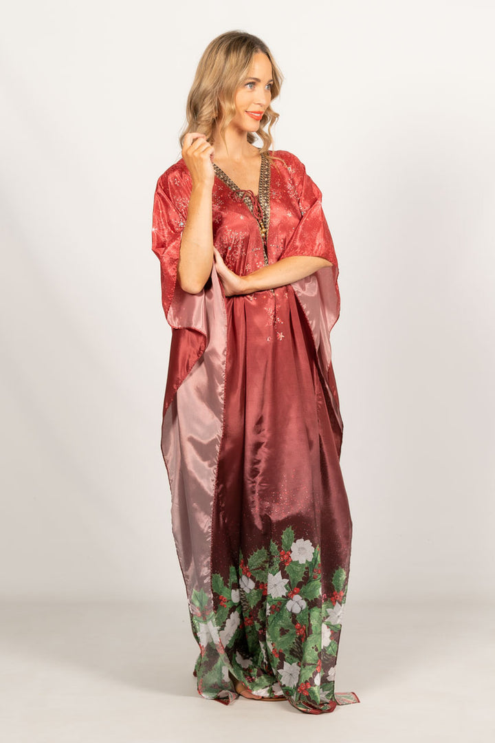 Holly Embellished Christmas Kaftan - Tie Front