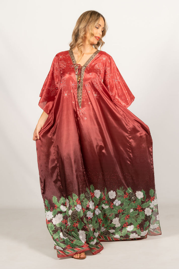 Holly Embellished Christmas Kaftan - Tie Front