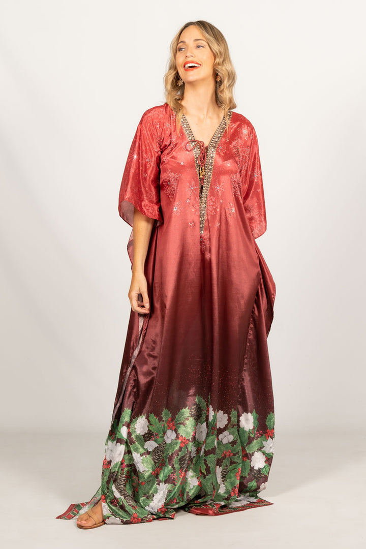 Holly Embellished Christmas Kaftan - Tie Front