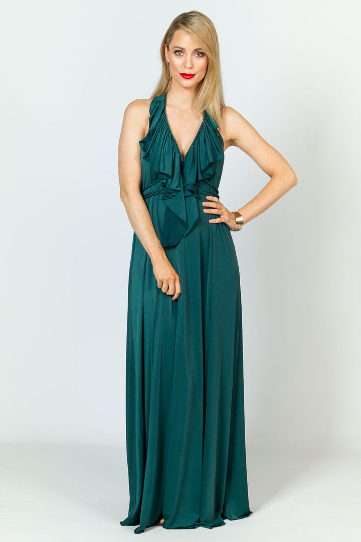 Low Back Ruffle Luxe Maxi Dress - Forest