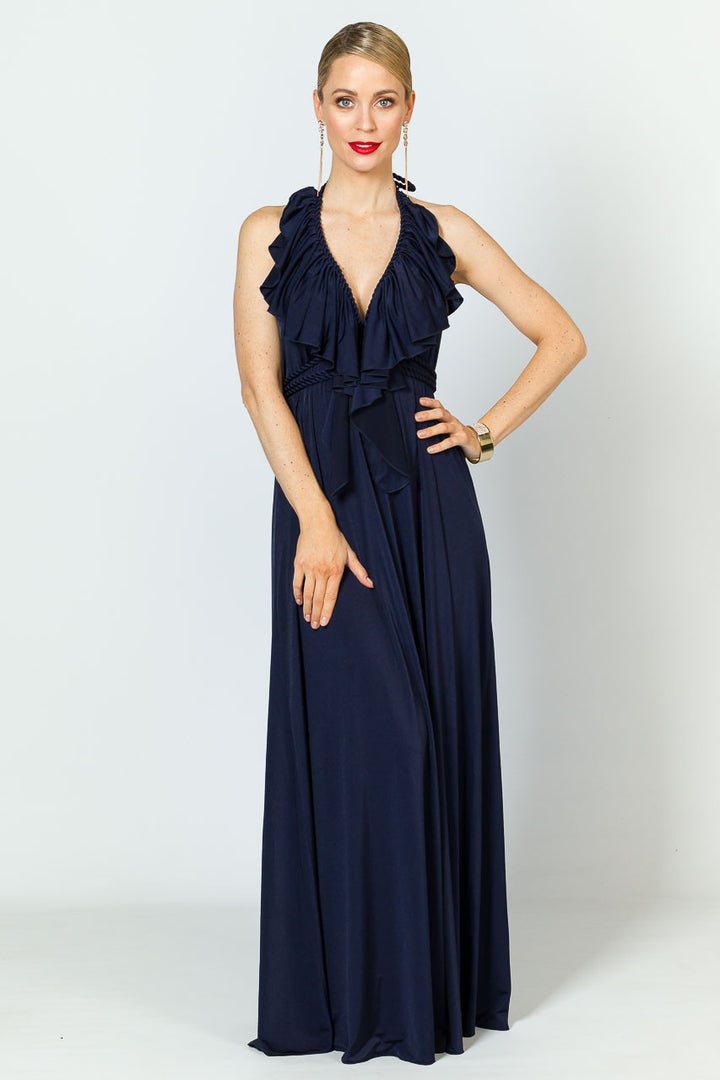 Low Back Ruffle Luxe Maxi Dress - Navy