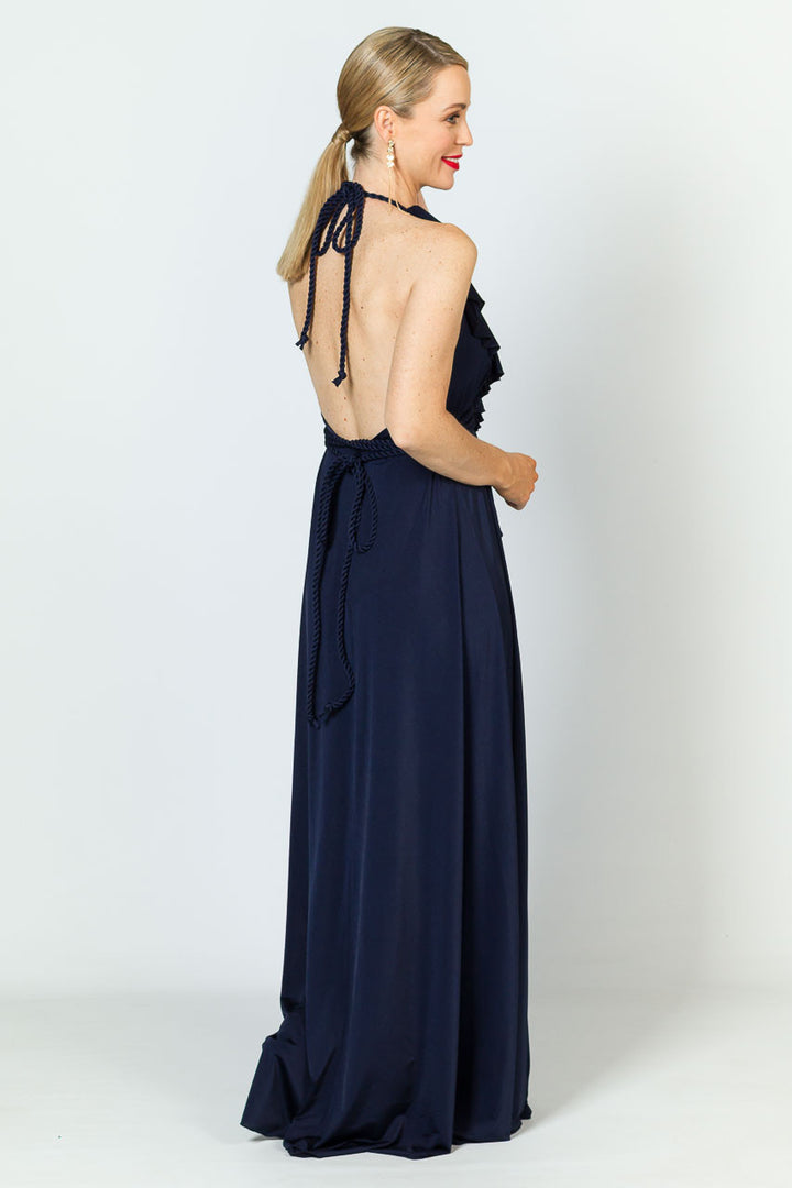 Low Back Ruffle Luxe Maxi Dress - Navy