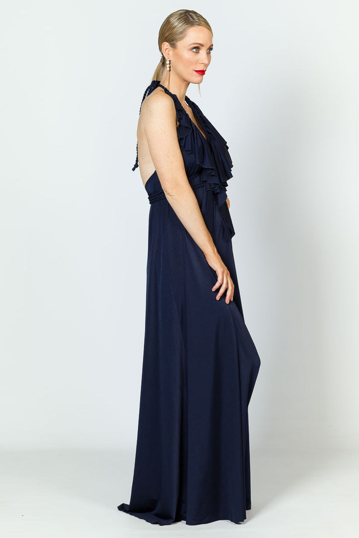 Low Back Ruffle Luxe Maxi Dress - Navy