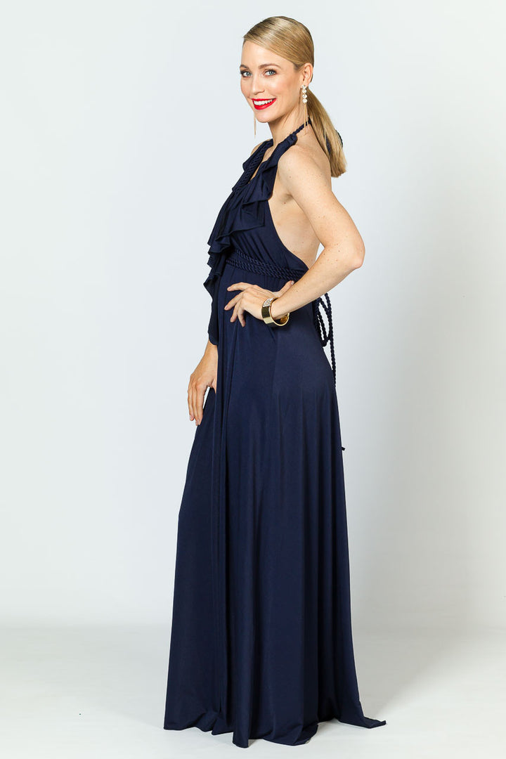 Low Back Ruffle Luxe Maxi Dress - Navy