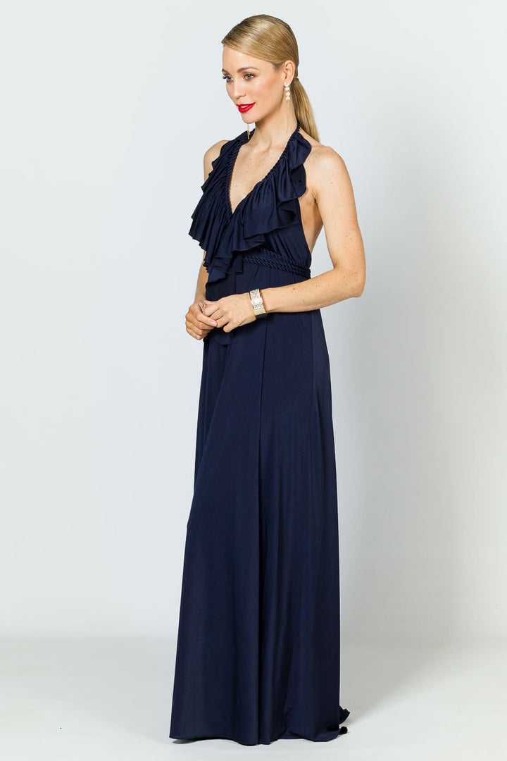 Low Back Ruffle Luxe Maxi Dress - Navy