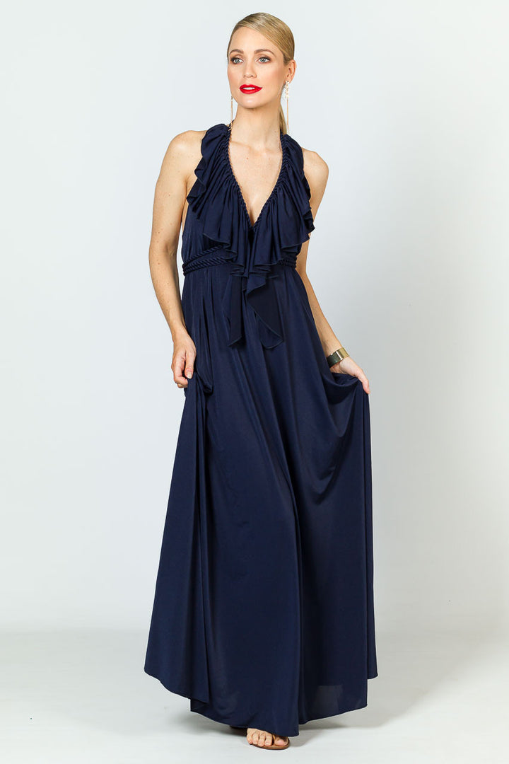 Low Back Ruffle Luxe Maxi Dress - Navy