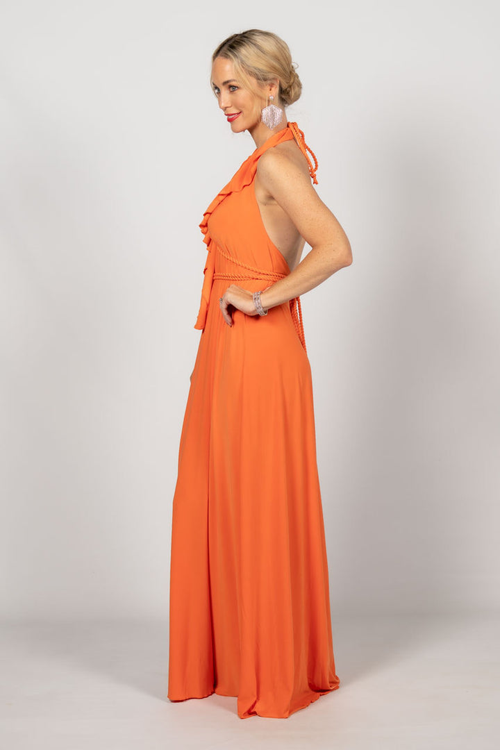 Low Back Ruffle Maxi Dress - Orange