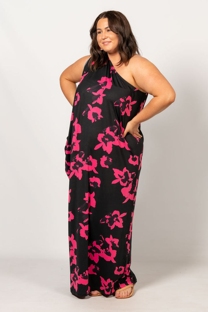 One Shoulder Long Maxi Dress - Hibiscus