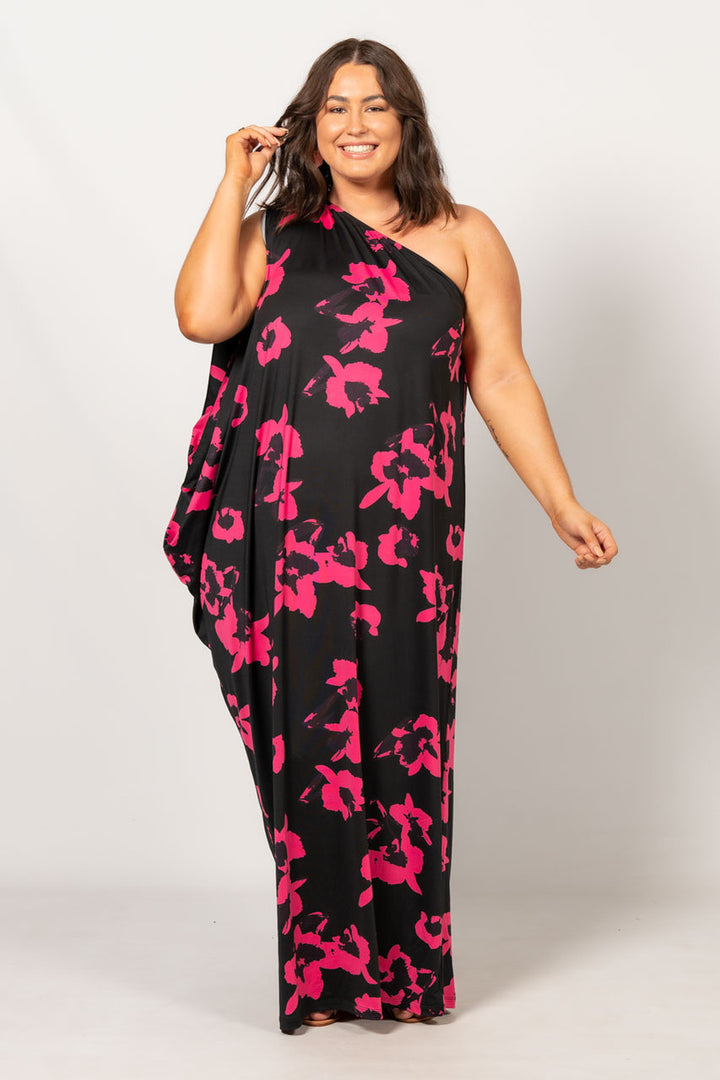 One Shoulder Long Maxi Dress - Hibiscus