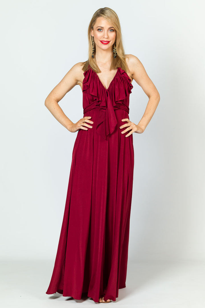 Low Back Ruffle Luxe Maxi Dress - Burgundy