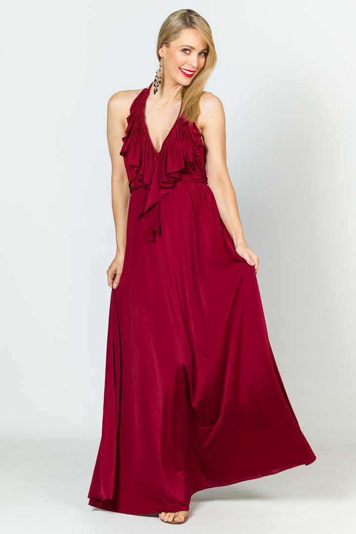 Low Back Ruffle Luxe Maxi Dress - Burgundy