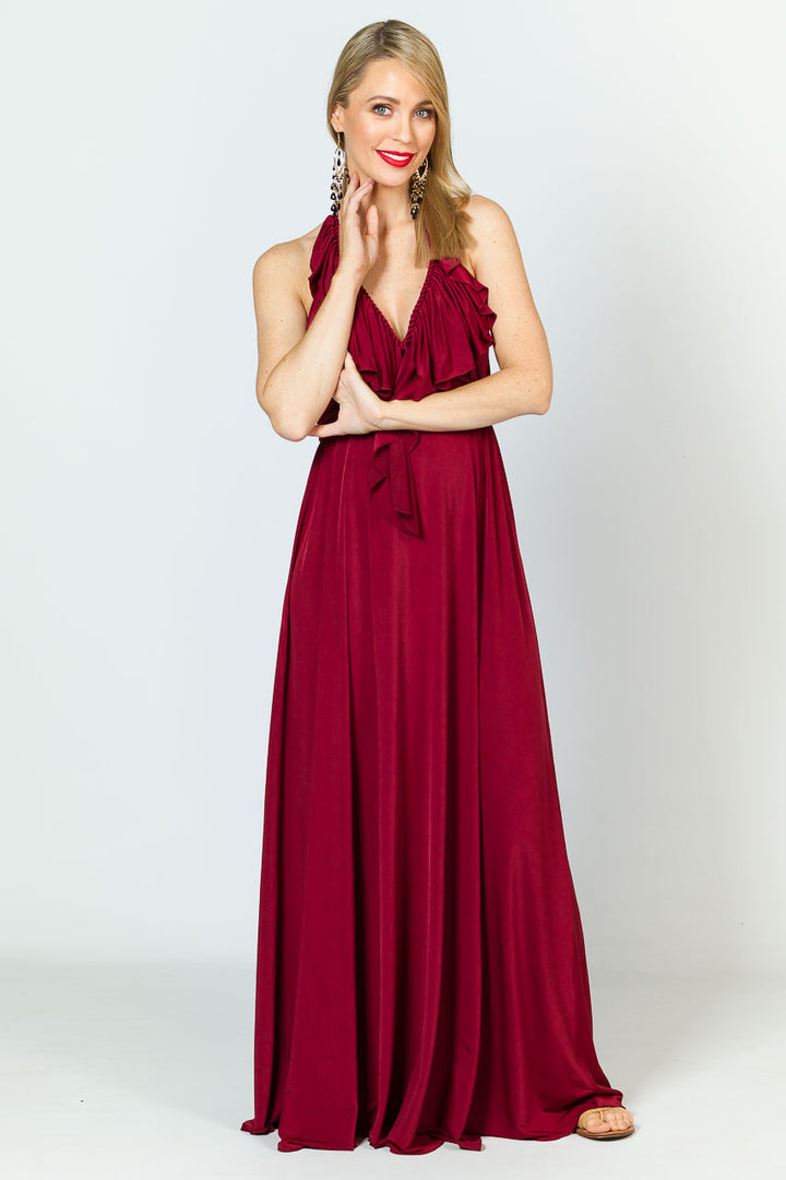 Low Back Ruffle Luxe Maxi Dress - Burgundy