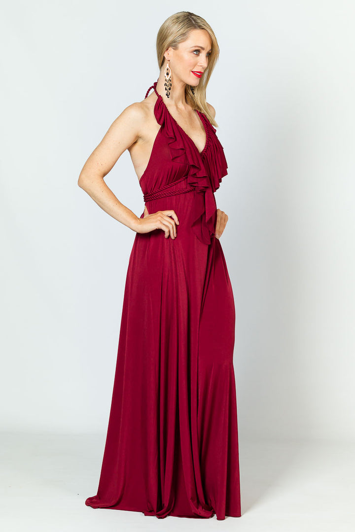 Low Back Ruffle Luxe Maxi Dress - Burgundy
