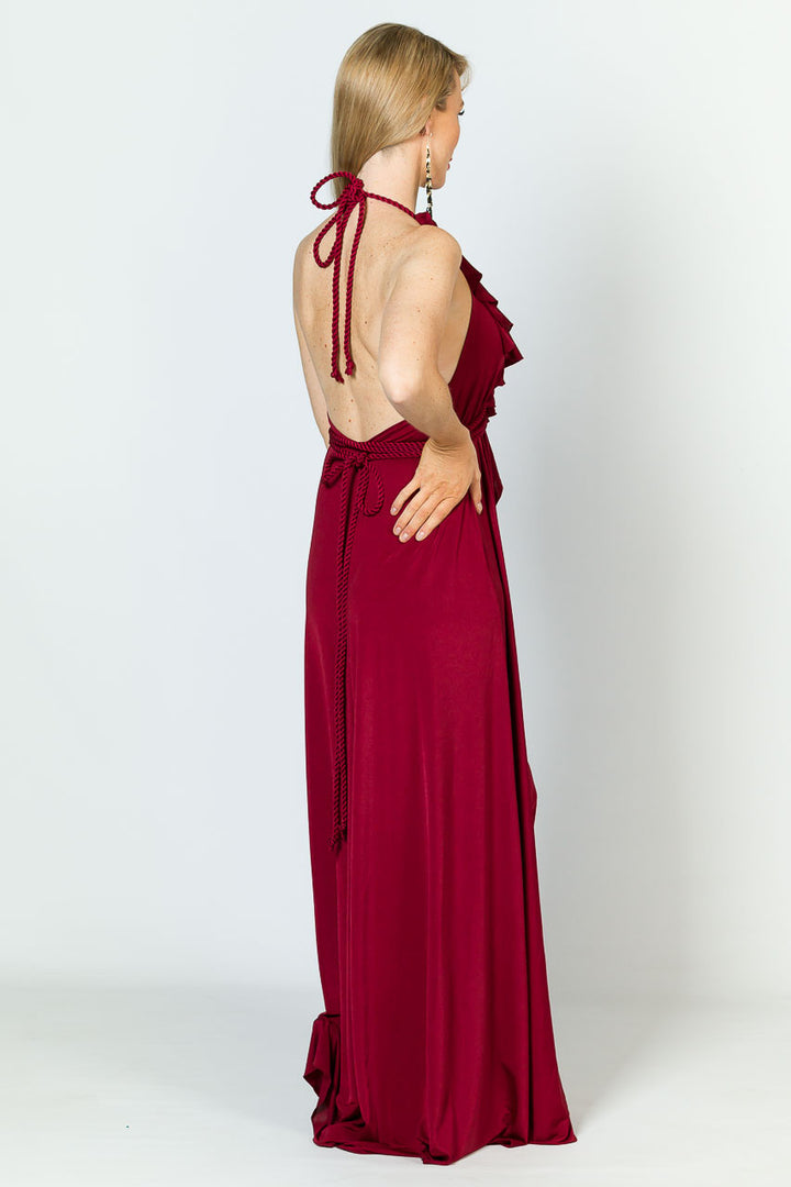 Low Back Ruffle Luxe Maxi Dress - Burgundy