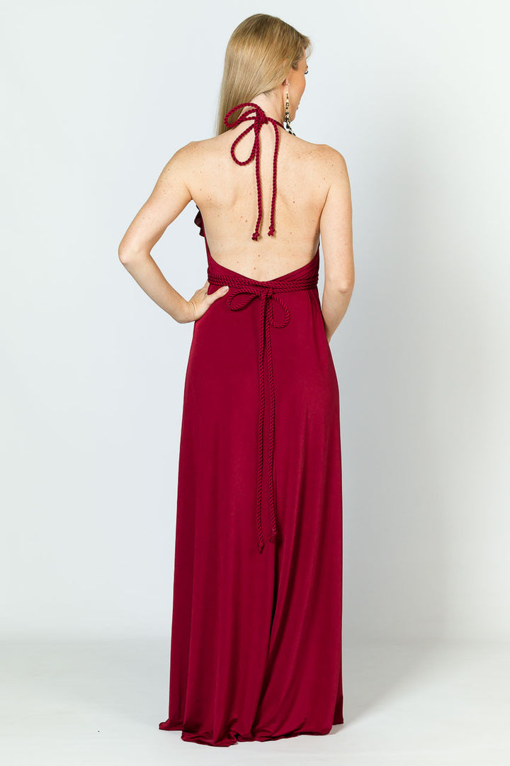 Low Back Ruffle Luxe Maxi Dress - Burgundy