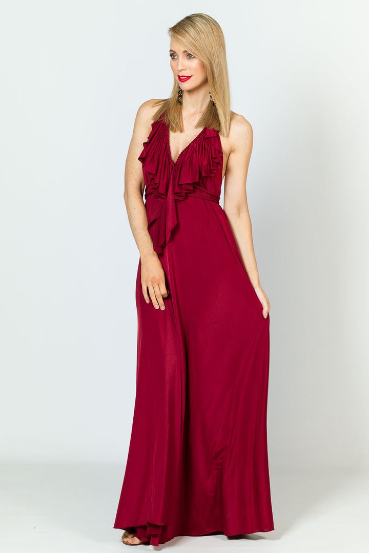 Low Back Ruffle Luxe Maxi Dress - Burgundy