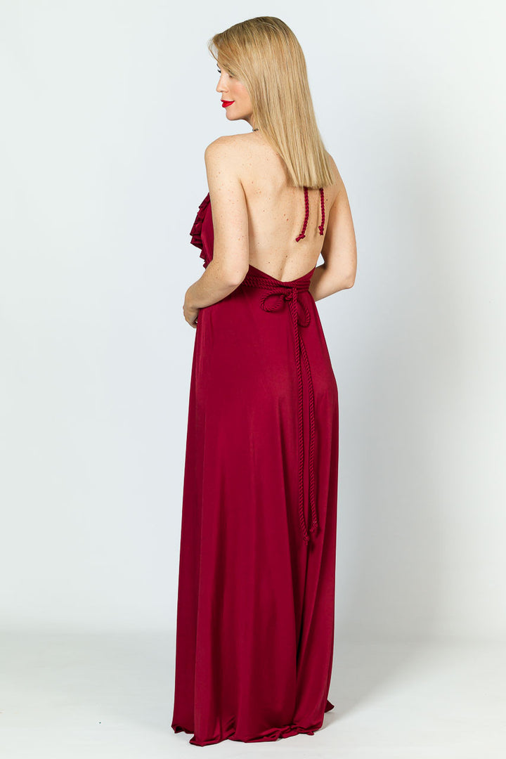 Low Back Ruffle Luxe Maxi Dress - Burgundy
