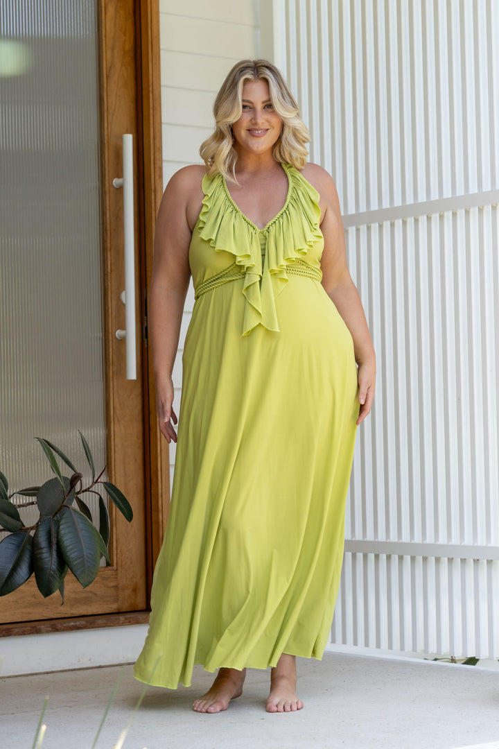 Low Back Ruffle Maxi Dress - Lime