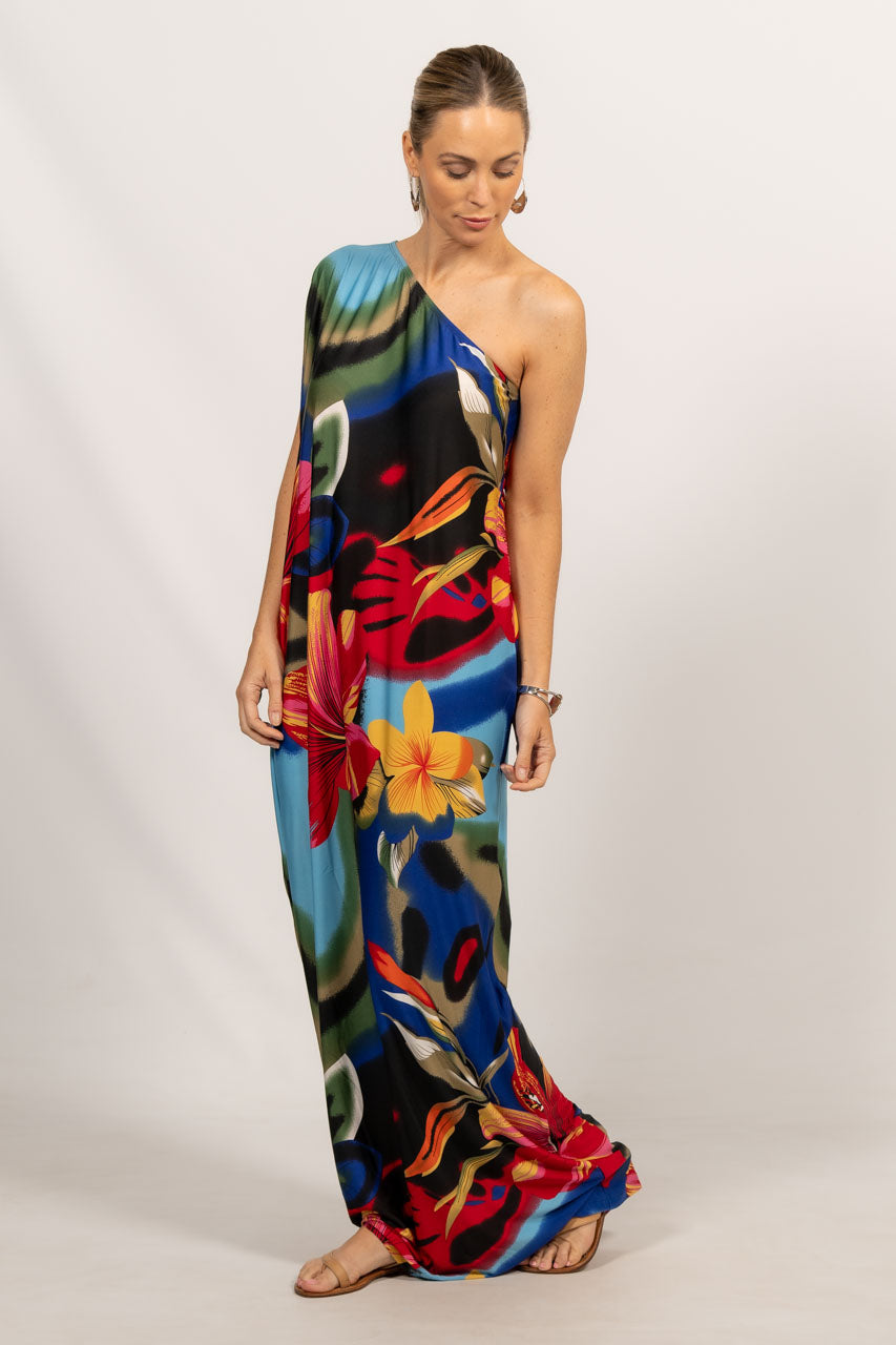 One Shoulder Long Maxi Dress - Cobalt Hibiscus