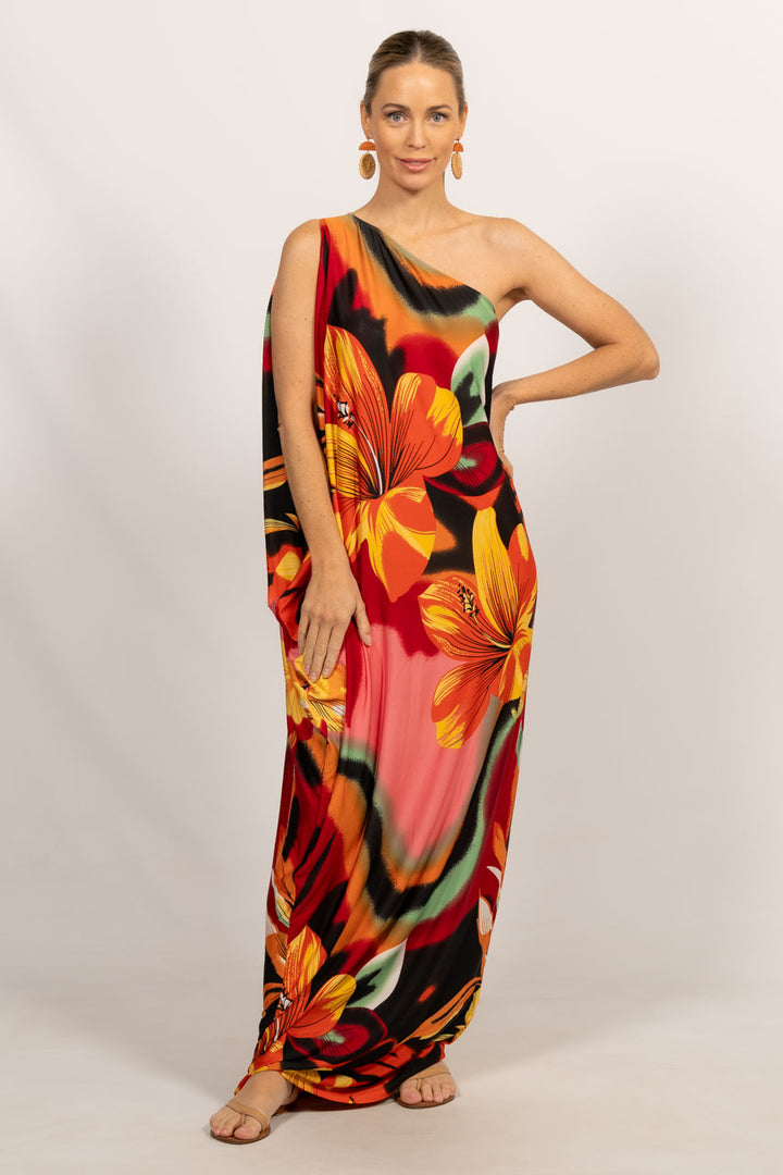 One Shoulder Long Maxi Dress - Orange Floral