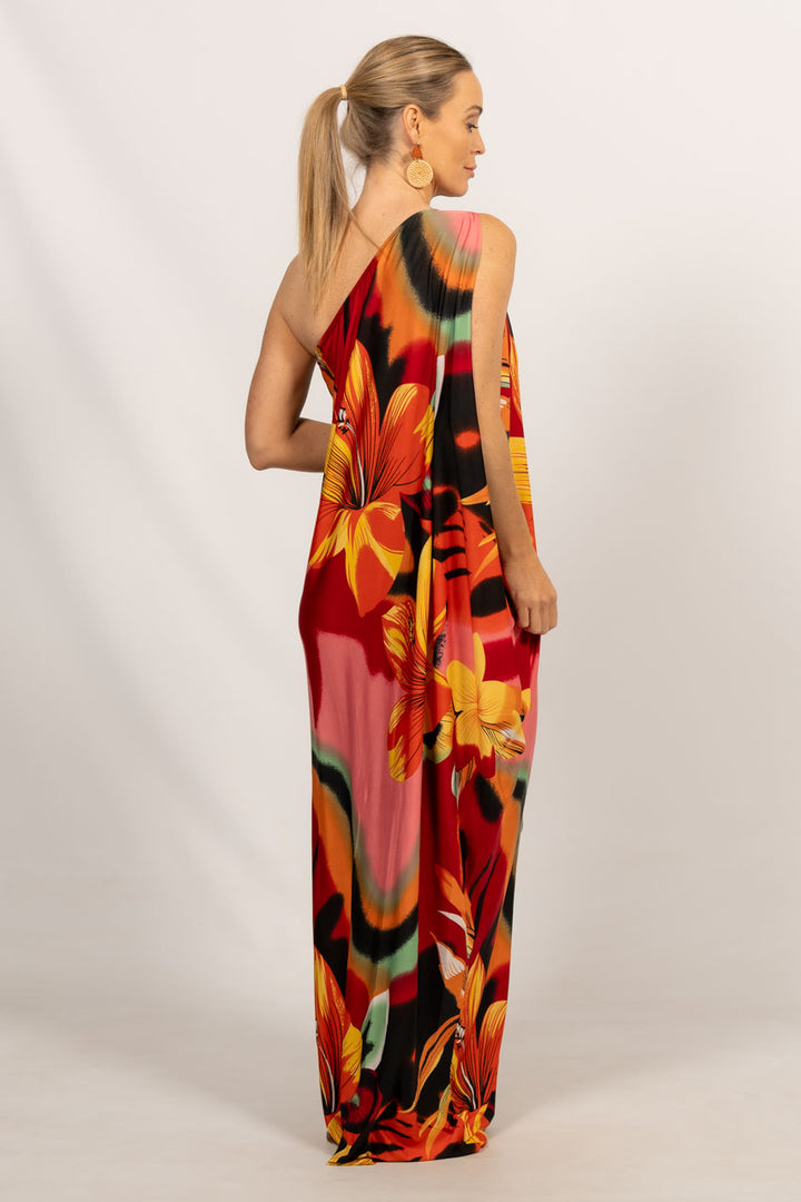 One Shoulder Long Maxi Dress - Orange Floral