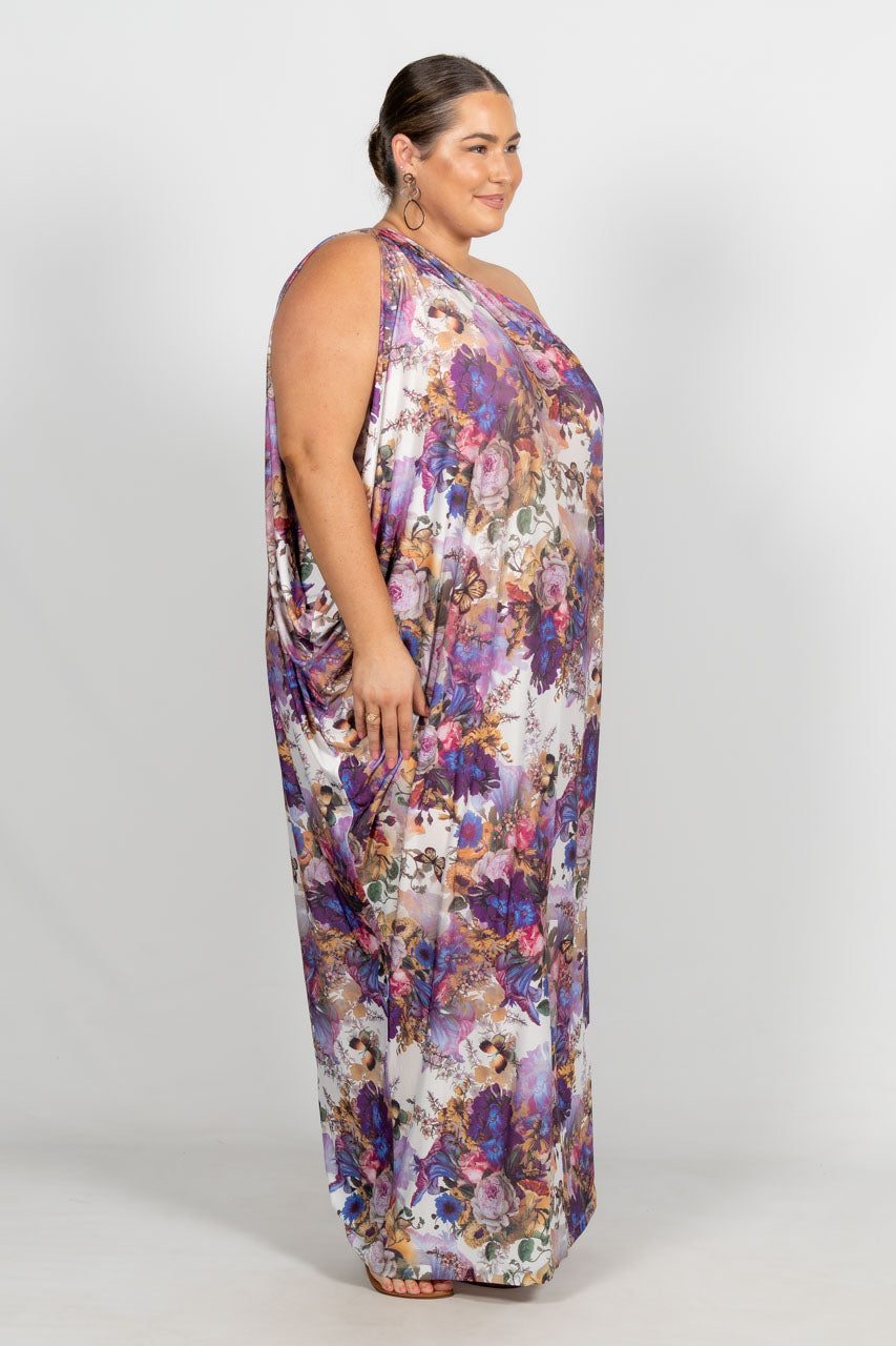 One Shoulder Long Maxi Dress - Purple Floral