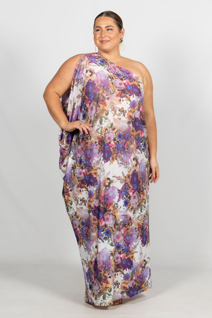 One Shoulder Long Maxi Dress - Purple Floral