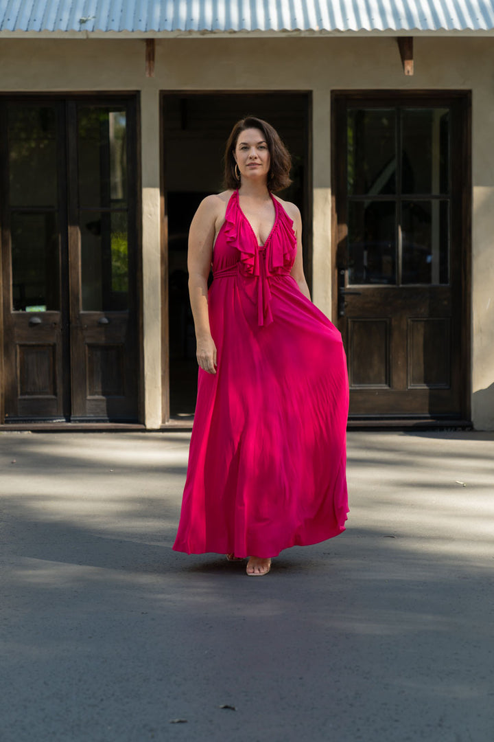 Low Back Ruffle Maxi Dress - Fuchsia