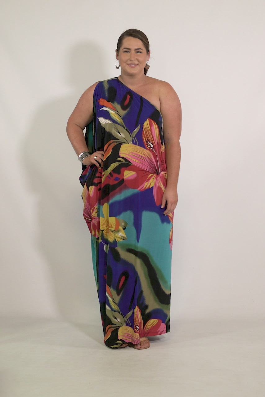 One Shoulder Long Maxi Dress - Cobalt Hibiscus