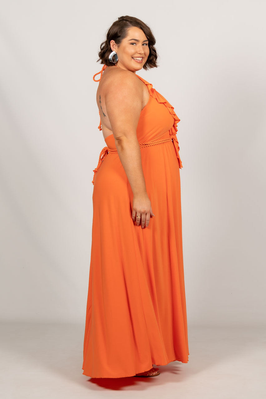 Low Back Ruffle Maxi Dress - Orange