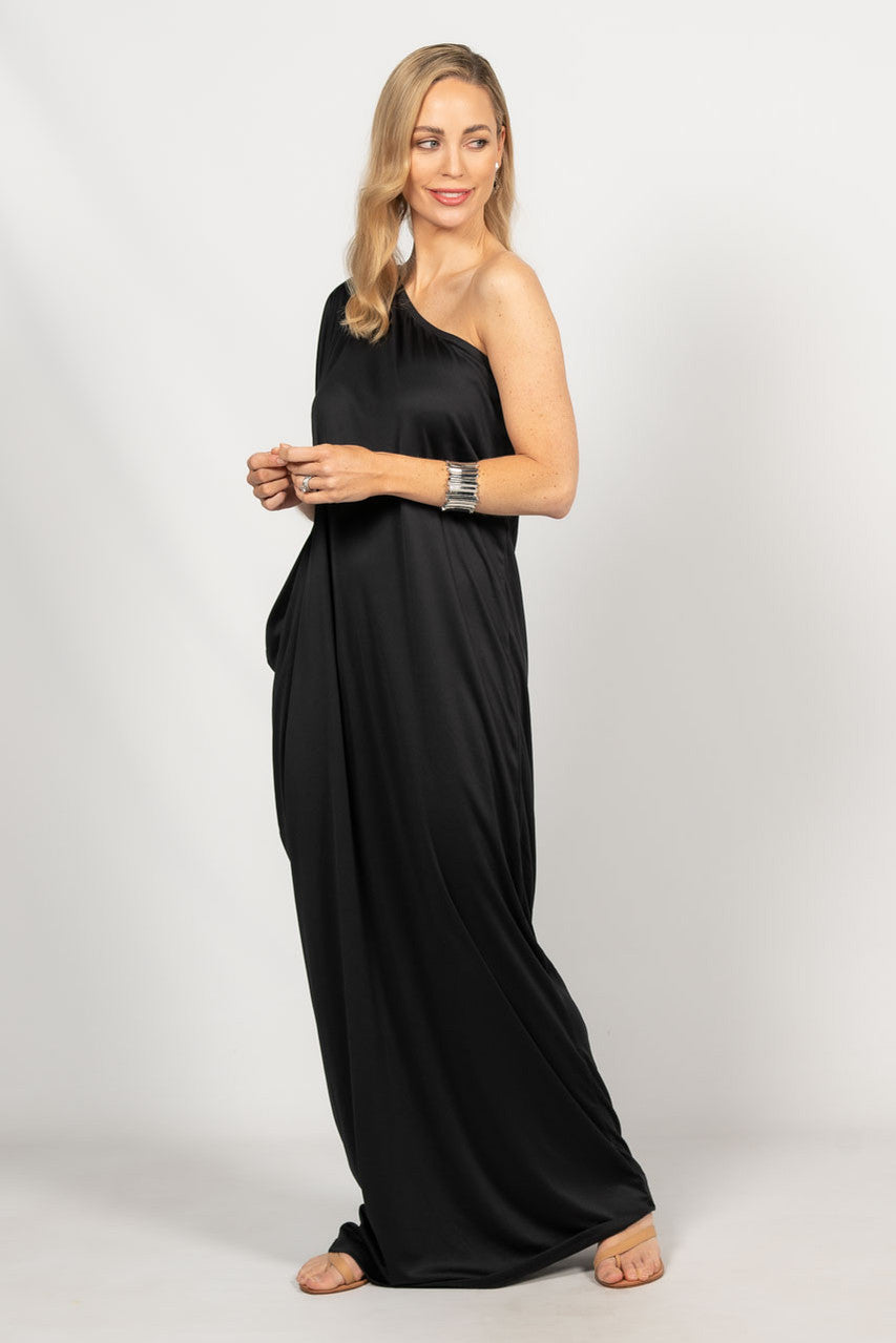 One Shoulder Long Maxi Dress - Black